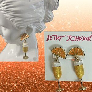 Betsey Johnson Mimosa Cocktail Drinks Orange Slice Gold-Tone Drop Post Earrings